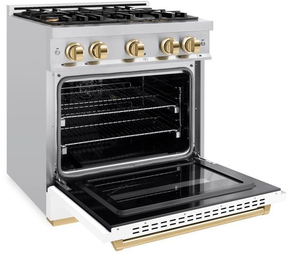 ZLINE Classic Autograph Edition 30" Satin Stainless Steel Pro Style Gas and with White Matte Door and Polished Gold Accents-3