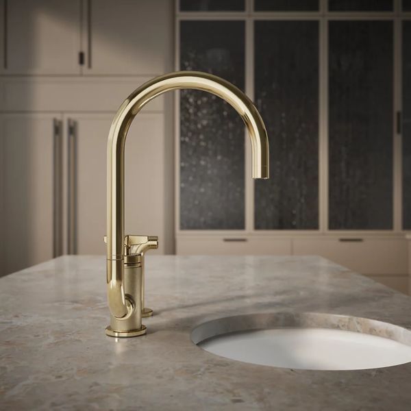 KOHLER® Billet® Vibrant French Gold 16" Single Cross-Handle Bar Sink Faucet with 2-Function Extended-Reach Spout and Side Sprayer-4