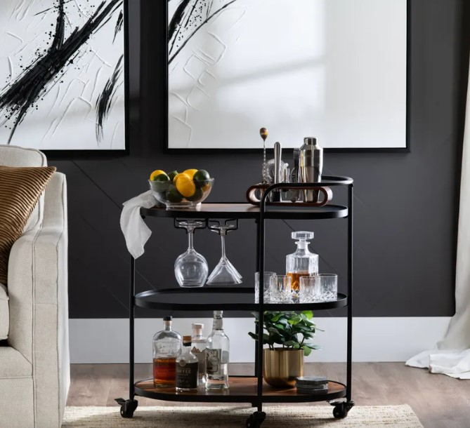 Black Bar Cart with Glassware