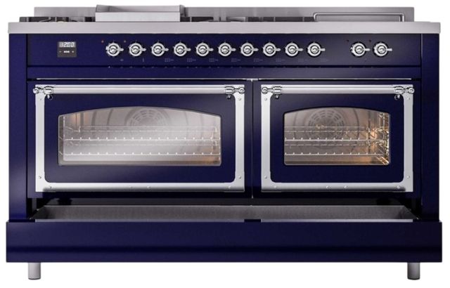 Ilve® Nostalgie II Noblesse 60'' Midnight Blue Pro Style Dual Fuel Range with Chrome Trim-3