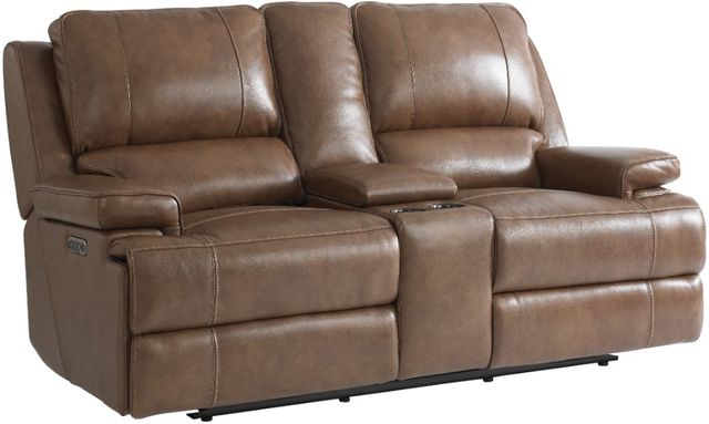Bassett® Furniture Club Level Parsons Umber Leather Power Reclining Loveseat with Console-0