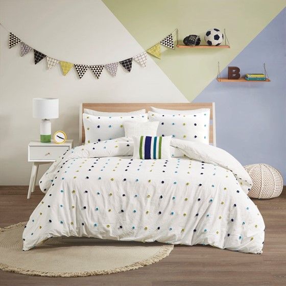 Olliix by Urban Habitat Kids Callie Green and Navy Full/Queen Cotton Jacquard Pom Pom Comforter Set-1