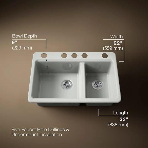 KOHLER® Riverby® Sea Salt 33" Undermount Double-Bowl Kitchen Sink-3