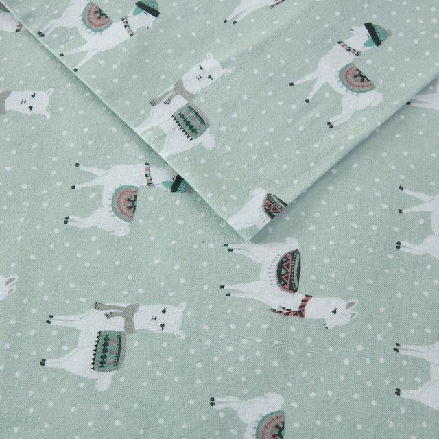 Olliix by True North by Sleep Philosophy Cozy Flannel Seafoam Llama King Cotton Printed Sheet Set-1