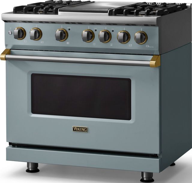 Viking® 5 Series 36" Novembery Sky Pro Style Dual Fuel (LP) Range with Brushed Brass Trim-3