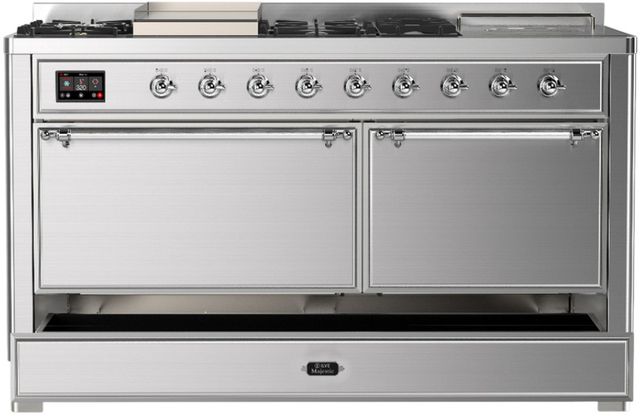 Ilve® Majestic III 60'' Stainless Steel Pro Style Dual Fuel Liquid Propane Range with Solid Door and Chrome Trim-1