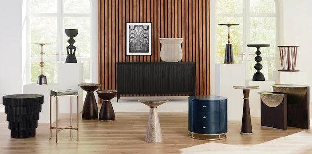 Front view of a modern room with various styles of accent table from Bassett furniture