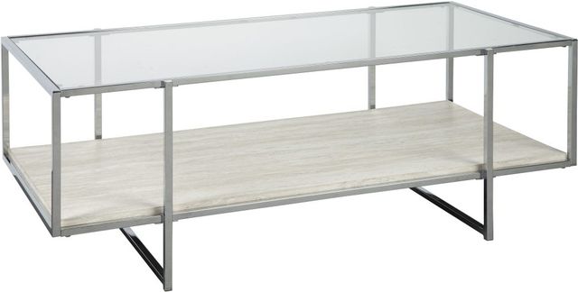 Signature Design by Ashley® Bodalli Glass Top Coffee Table with Chrome Metal Frame and Off White Shelf-0