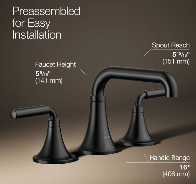 KOHLER® Tone™ Matte Black 0.5 GPM Widespread Bathroom Sink Faucet-2