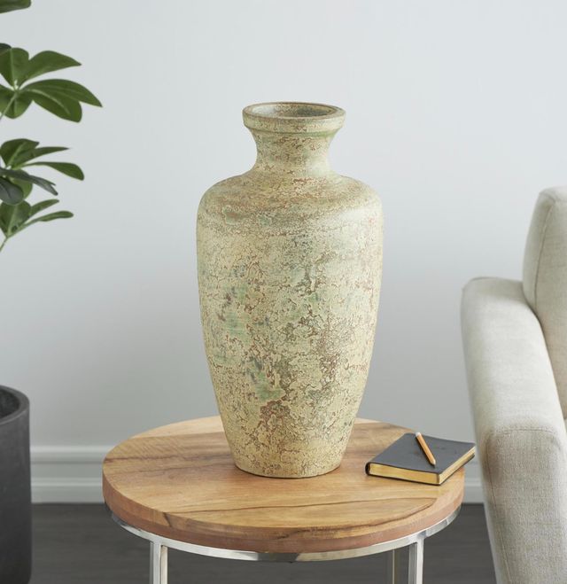 Deco Marche Brown 20” Antique Style Textured Vase with Green Accents-4
