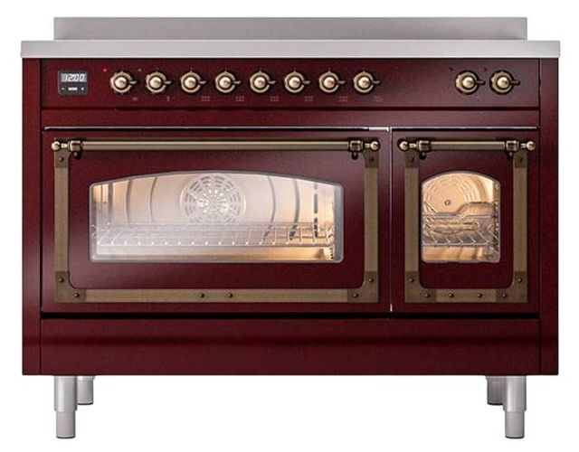 Ilve® Nostalgie II Noblesse 48'' Burgundy Pro Style Induction Range with Burnished Trim-1