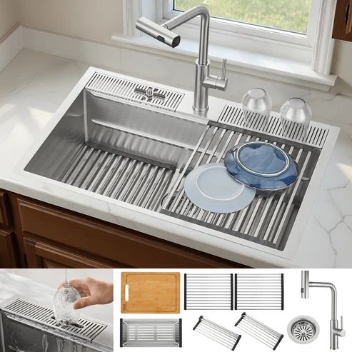 Forno Acqua MultiSINK Stainless Steel 22" Dual Mount 3-Level Workstation Sink with Waterfall Faucet and Glass Rinser-0