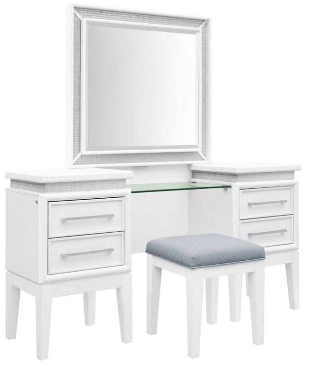 Liberty Furniture Reflections 3-Piece Gray/Pearl White/Rhinestone Vanity Table Set-0