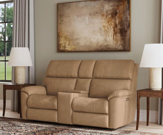 Flexsteel® Customizable Porter Leather Power Reclining Loveseat with Console, Power Headrest and Lumbar-1