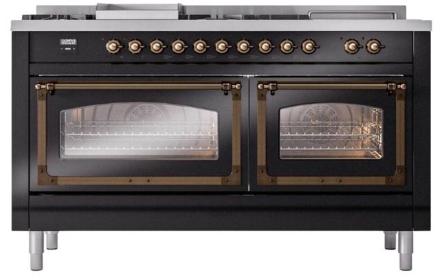 Ilve® Nostalgie II Noblesse 60'' Glossy Black Pro Style Dual Fuel Range with Burnished Trim-1