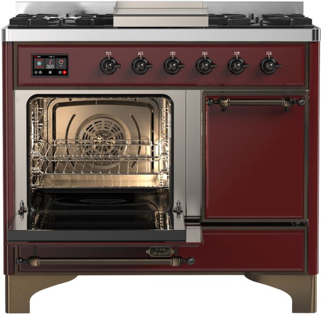 Ilve® Majestic III 40" Burgundy Pro Style Dual Fuel Liquid Propane Range with Solid Door and Burnished Trim-2