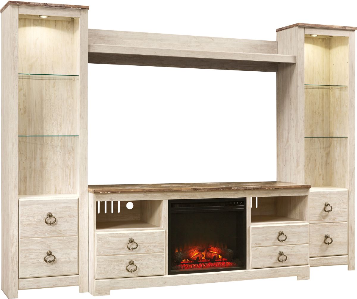 Signature Design by Ashley Willowton 4 Piece Whitewash Entertainment Center with Fireplace JR Furniture USA Portland Seattle and Vancouver