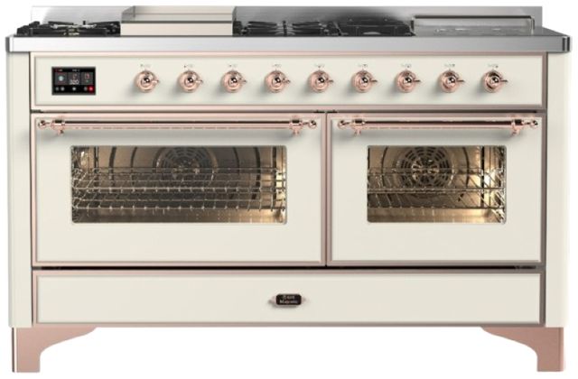 Ilve® Majestic III 60" Antique White Pro Style Dual Fuel Natural Gas Range with French Top and Copper Trim-0