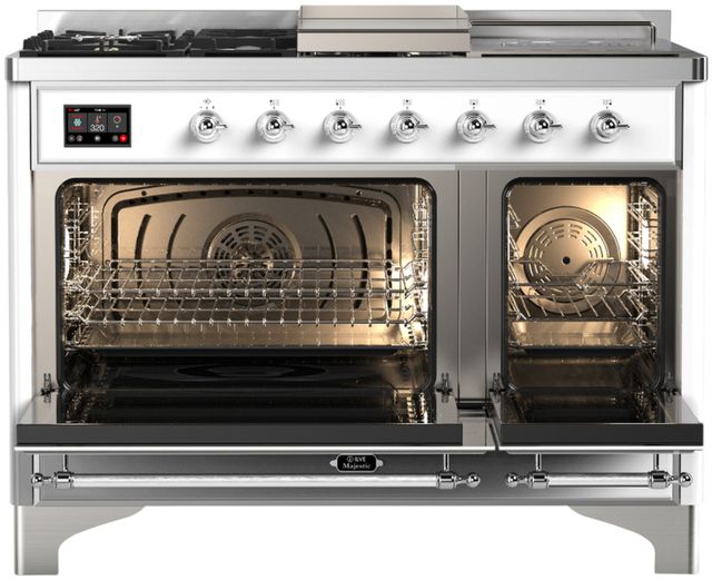 Ilve® Majestic III 48" White Pro Style Dual Fuel Natural Gas Range with 5 Black Brass Burners and Chrome Trim-1