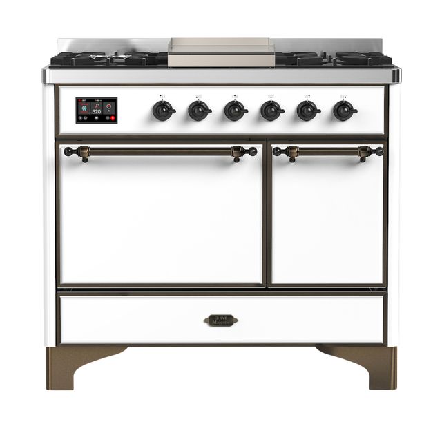 Ilve® Majestic III 40" White Pro Style Dual Fuel Liquid Propane Range with Solid Door and Burnished Trim-0