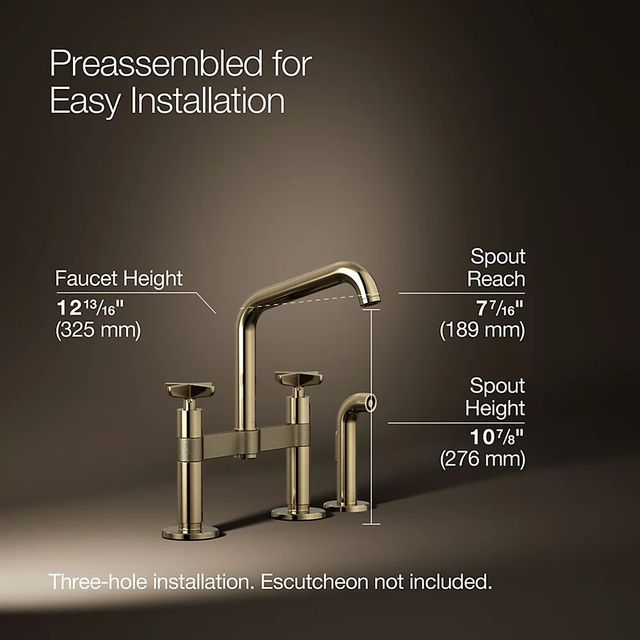 KOHLER® Billet® Vibrant French Gold 2-Hole Bridge Kitchen Sink Faucet with Side Sprayer-2