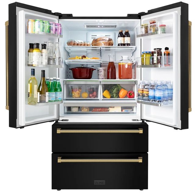 ZLINE Autograph Edition 36" 22.5 Cu. Ft. Fingerprint-Resistant Black Stainless Steel Counter Depth French Door Refrigerator with Polished Gold Helix Handles-3