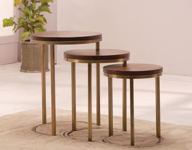Jaipur Furniture Mandal 3-Piece Natural Nesting Table with Antique Brass Base-1