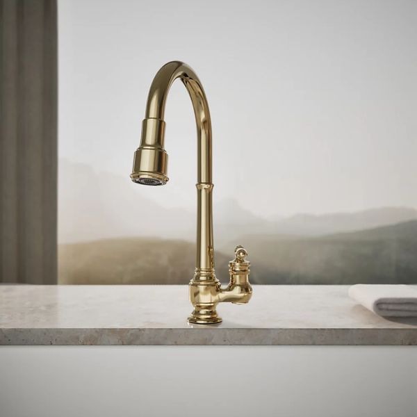 KOHLER® Artifacts® Vibrant French Gold Kitchen Sink Faucet with 3-Function Sprayhead and Unique Handle-3