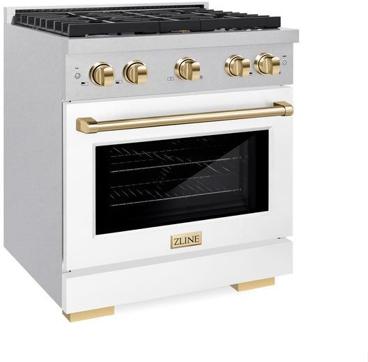 ZLINE Autograph Edition 30" Satin Stainless Steel Pro Style Gas Range with White Matte Door and Polished Gold Accents-3