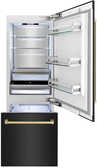 ZLINE Autograph Edition 30" 16.1 Cu. Ft. Black Stainless Steel Built-In Bottom Freezer Refrigerator with Champagne Bronze Accent and Bright White Interior-1