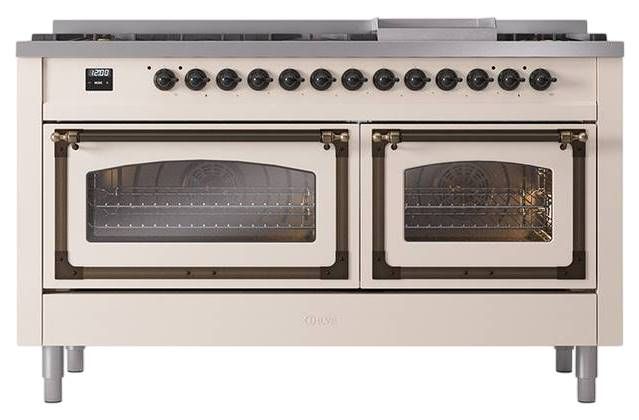 Ilve® Nostalgie II Noblesse 60'' Antique White Pro Style Dual Fuel Range with Burnished Trim-1