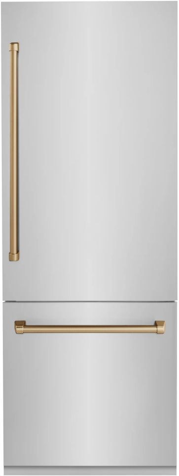 ZLINE Autograph Edition 30" 16.1 Cu. Ft. Stainless Steel Bottom Freezer Refrigerator with Water Dispenser and Ice Maker in Champagne Bronze Accents-0