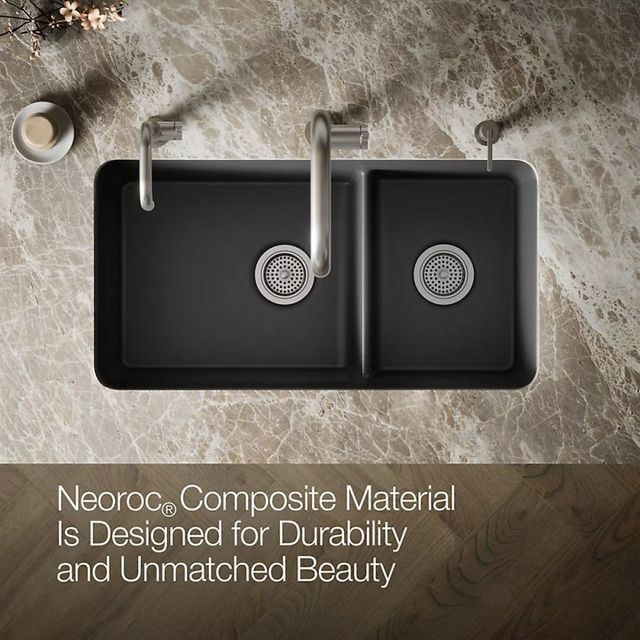 KOHLER® Cairn® Matte Graphite 34" Undermount Double Offset Bowl Kitchen Sink-4