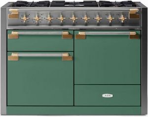 Front view of the AGA™ Elise Series 48" Stainless Steel Pro Style Dual Fuel Range with Mineral Green Door