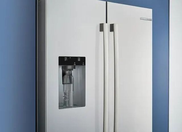 Credit: Bosch Close view of a Bosch french door refrigerator with ice maker