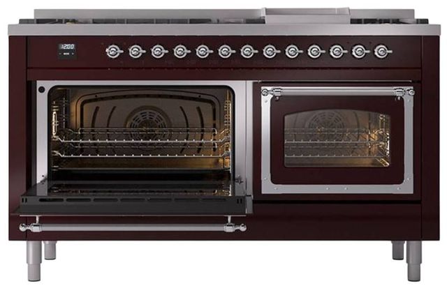 Ilve® Nostalgie II Noblesse 60'' Burgundy Pro Style Dual Fuel Range with Chrome Trim-3