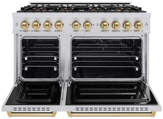 ZLINE Autograph Edition 48" 6.7 cu. ft. Dual Fuel Range with 8 Burner DuoPro™ Cooktop and Dual Ovens in Stainless Steel and Champagne Bronze Accents -1