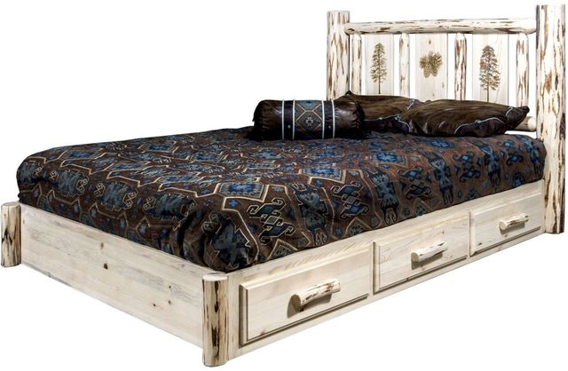 Montana Woodworks® Montana Collection Ready to Finish Full Platform Storage Bed with Laser Engraved Pine Design-3