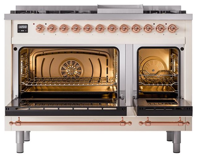 Ilve® Nostalgie II Noblesse 48'' Antique White Pro Style Dual Fuel Range with Copper Trim-1