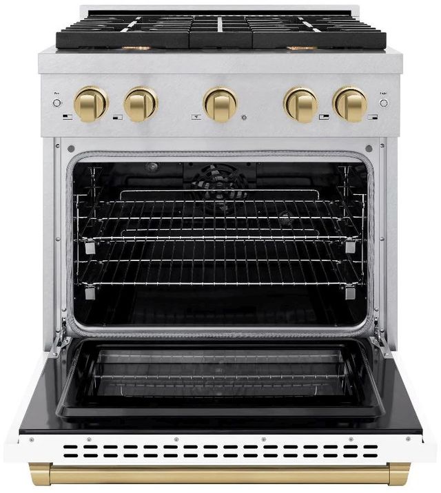 ZLINE Autograph Edition Paramount 30" Satin Stainless Steel Pro Style Dual Fuel Range with White Matte Door and Champagne Bronze Accents-1