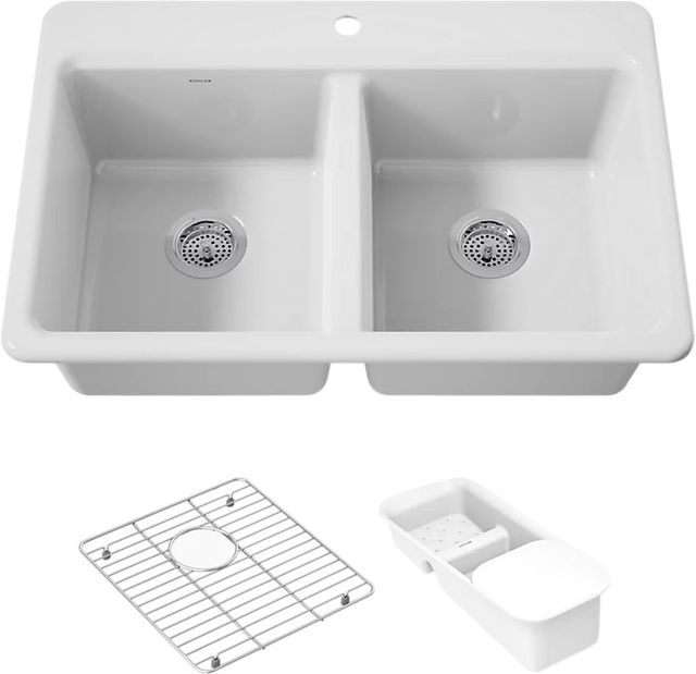 KOHLER® Riverby® White 33" 1-Faucet Hole Top-Mount Double Equal-Bowl Workstation Kitchen Sink-0