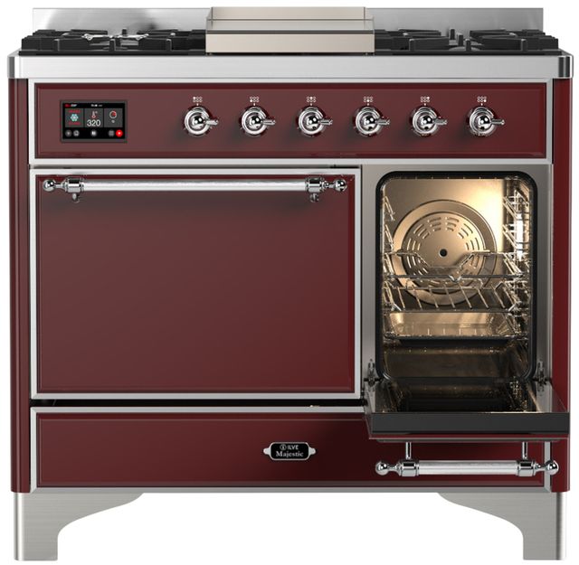 Ilve® Majestic III 40" Burgundy Pro Style Dual Fuel Natural Gas Range with Solid Door and Chrome Trim-3