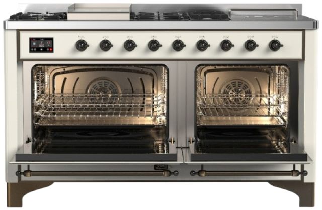 Ilve® Majestic III 60" Antique White Pro Style Dual Fuel Liquid Propane Range with French Top and Burnished Trim-1