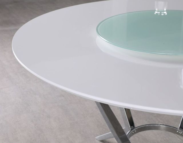 Coaster® Abby White Glass Round Dining Table with Lazy Susan and Chrome Base-1