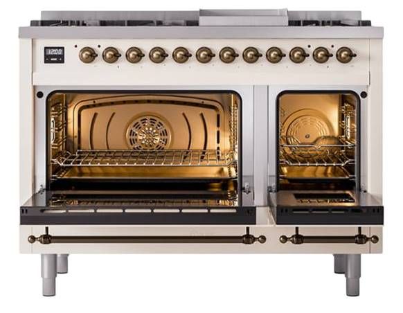 Ilve® Nostalgie II Noblesse 48'' Antique White Pro Style Dual Fuel Range with Burnished Trim-2