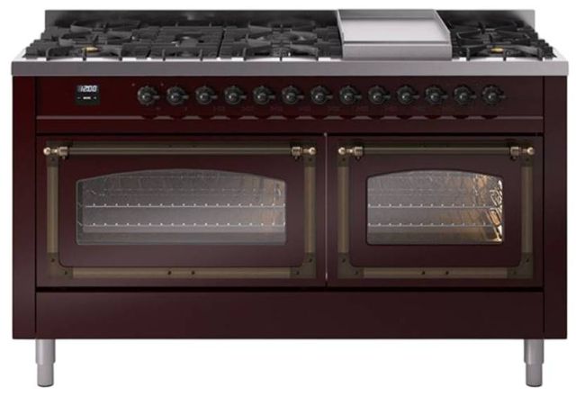 Ilve® Nostalgie II Noblesse 60'' Burgundy Pro Style Dual Fuel Range with Burnished Trim-0