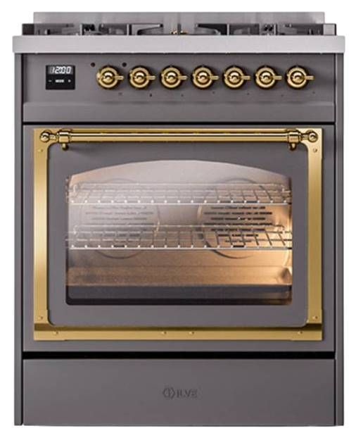 Ilve® Nostalgie II Noblesse 30" Graphite Matte Pro Style Dual Fuel Range with Brass Trim-1