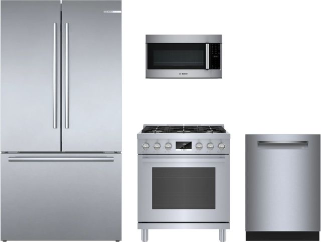 Bosch 4 Piece Stainless Steel Dual Fuel Kitchen Package-0