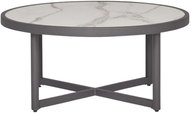Signature Design by Ashley® Ocean Beach White Aluminum/Stone Outdoor Cocktail Table with Gray Base-2