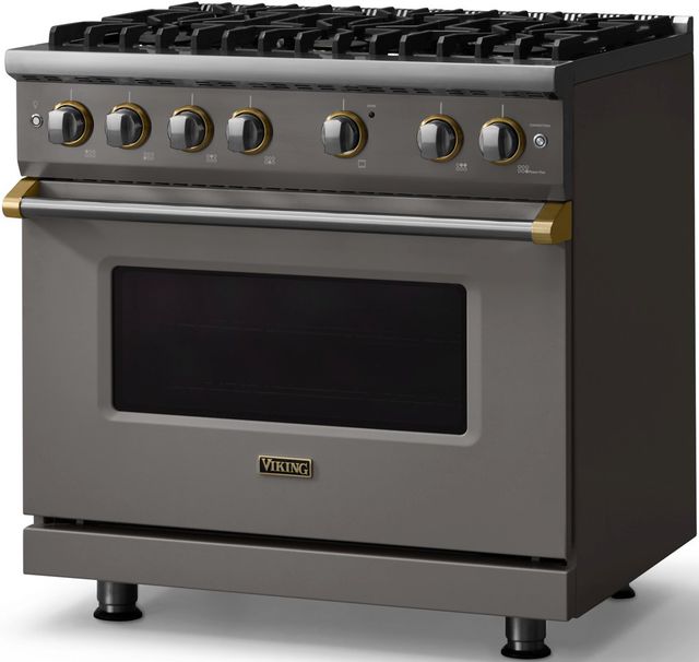 Viking® 5 Series 36" Damascus Gray Pro Style Gas (NG) Range with Brushed Brass Trim-2